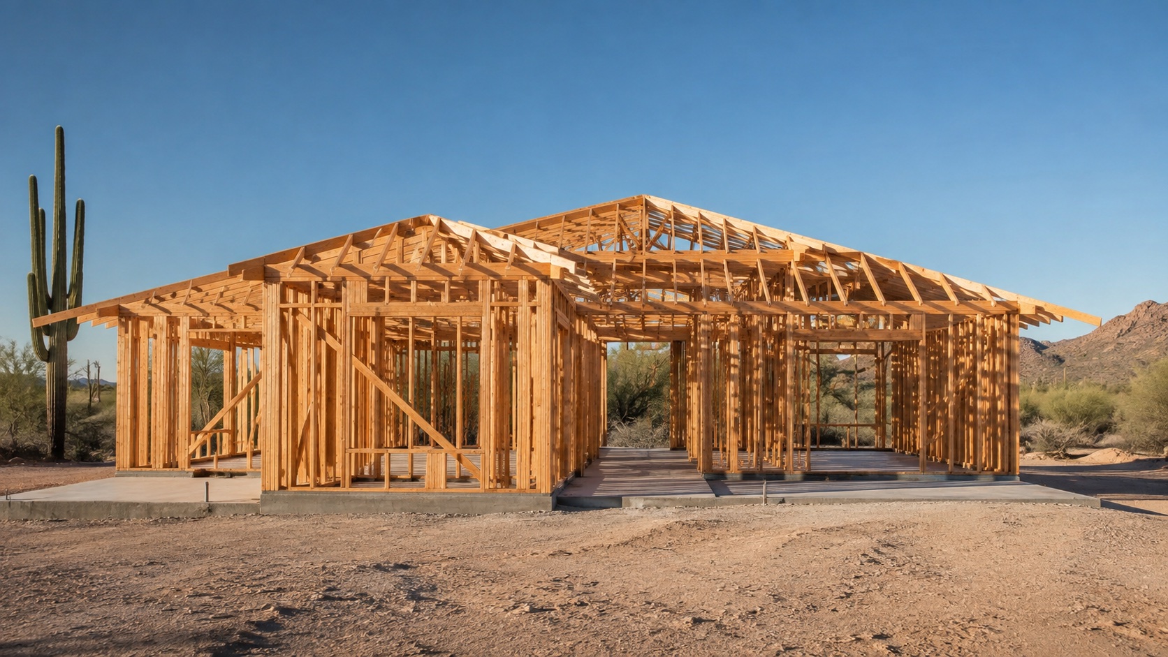 Timber framing of a home under construction beneath a clear Arizona sky