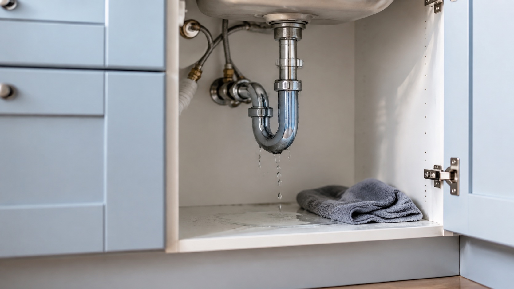 A small plumbing leak beneath a kitchen sink with a towel nearby