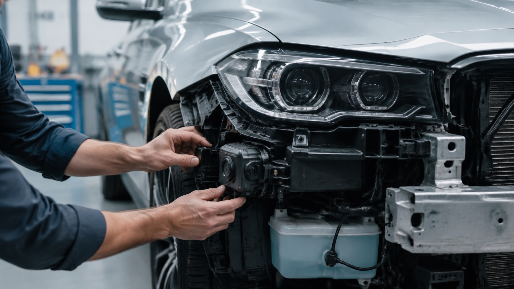 A mechanic inspecting a modern vehicle’s bumper and headlight assembly in a repair shop