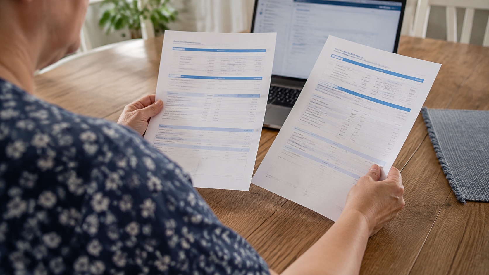 Hands comparing printed documents beside a laptop at a home table